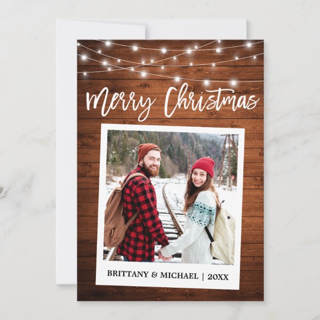 Brush Script Instant Camera Wood Couple Christmas Holiday Card (Front)