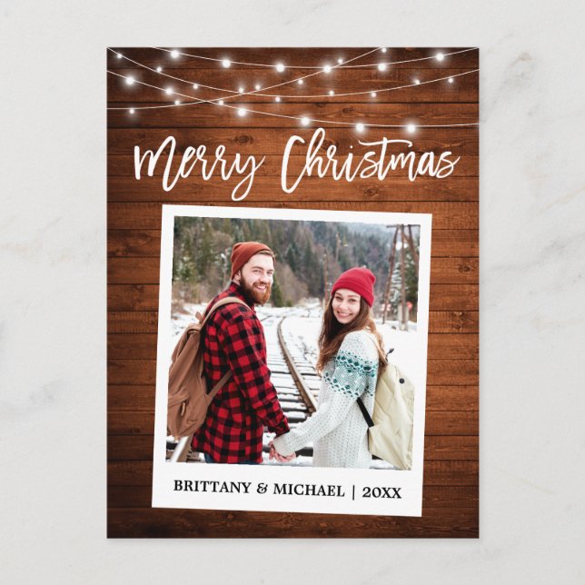 Brush Script Instant Camera Wood Couple Christmas Postcard (Front)