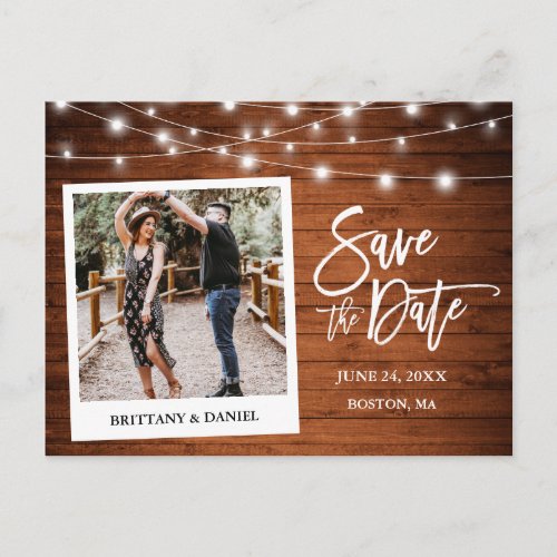 Brush Script Instant Camera Wood Save The Date Postcard