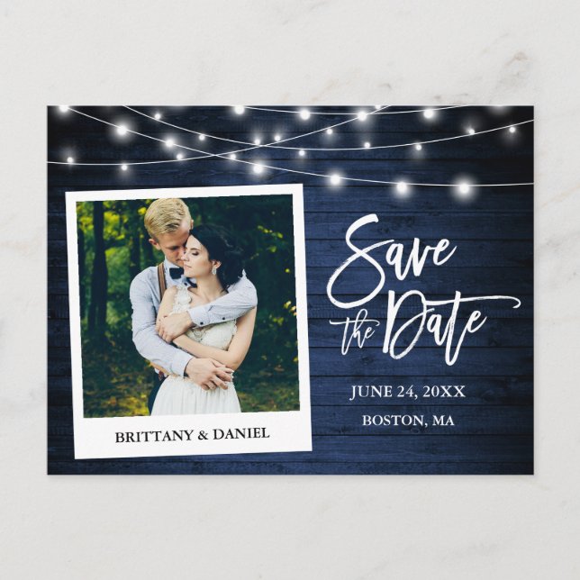 Brush Script Instant Photo Blue Wood Save The Date Postcard (Front)