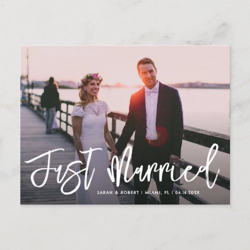 brush script just married wedding announcement postcard