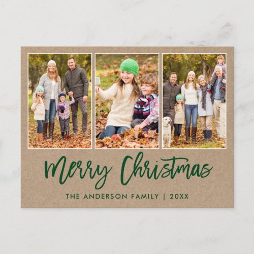 Brush Script Kraft 3 Photo Christmas Postcard