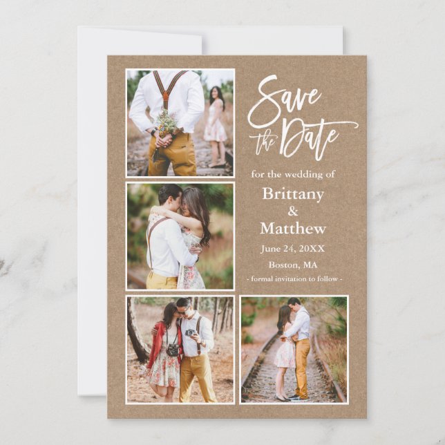 Brush Script Kraft 4 Photo Engagement Save The Date (Front)