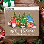 Brush Script Kraft Christmas Lights Gnomes Postcard<br><div class="desc">Modern Brush Script Merry Christmas Colorful Fun Watercolor Gnomes Kraft Postcard with Pine Trees and String Lights. Family Name and Year</div>