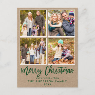 Brush Script Kraft Family 4 Photo Christmas Green Postcard