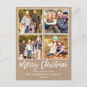 Brush Script Kraft Family 4 Photo Christmas Postcard