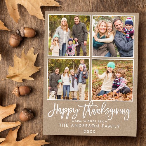Brush Script Kraft Family 4 Photo Thanksgiving Postcard