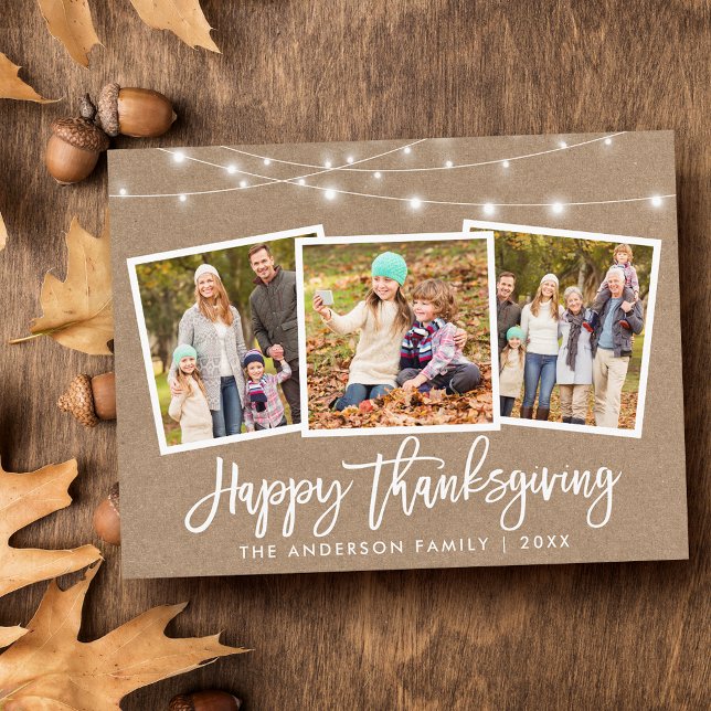 Brush Script Kraft Lights 3 Photo Thanksgiving Postcard (Customize to change your personalized text size or text style.)