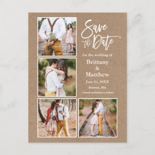 Brush Script Kraft Save The Date Couple 4 Photo Postcard