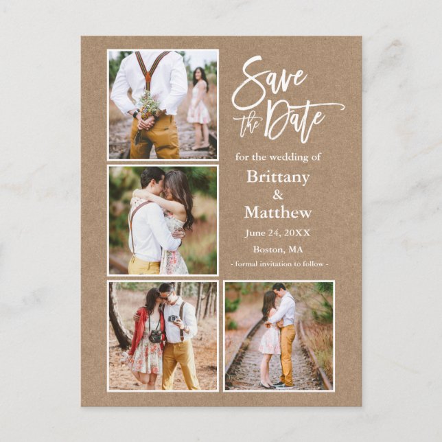 Brush Script Kraft Save The Date Couple 4 Photo Postcard (Front)