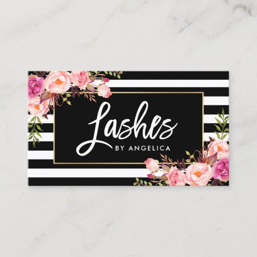 Brush Script Lashes Pink Floral Striped Business Card