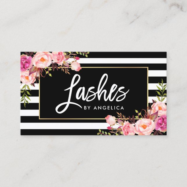 Brush Script Lashes Pink Floral Striped Business Card (Front)