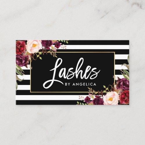 Brush Script Lashes Striped Burgundy Floral Business Card