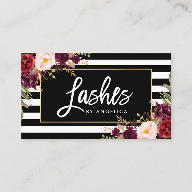 Brush Script Lashes Striped Burgundy Floral Business Card (Front)