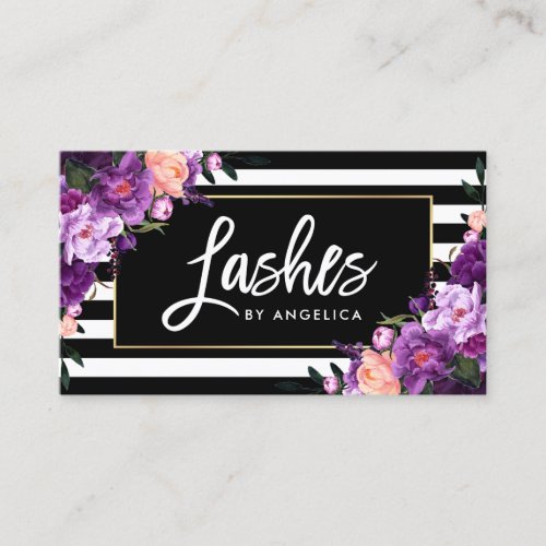 Brush Script Lashes Striped Purple Floral Business Card