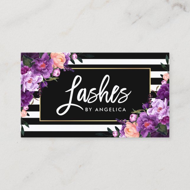 Brush Script Lashes Striped Purple Floral Business Card (Front)