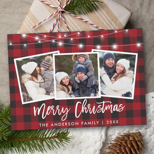 Brush Script Lights 3 Photo Christmas Red Plaid Holiday Card