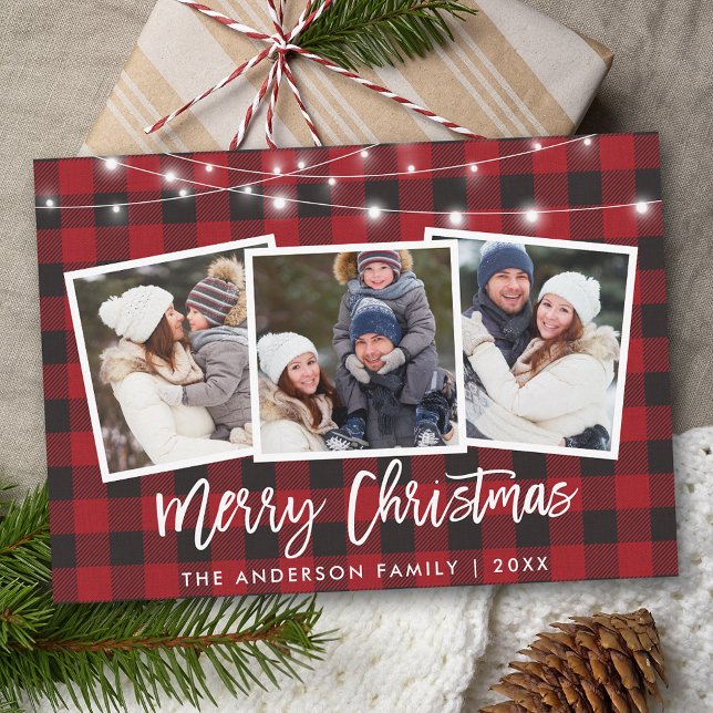 Brush Script Lights 3 Photo Christmas Red Plaid Holiday Card (Customize to add text to back of card.)