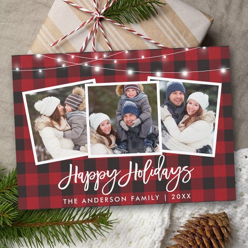 Brush Script Lights 3 Photo Red Plaid Holiday Card