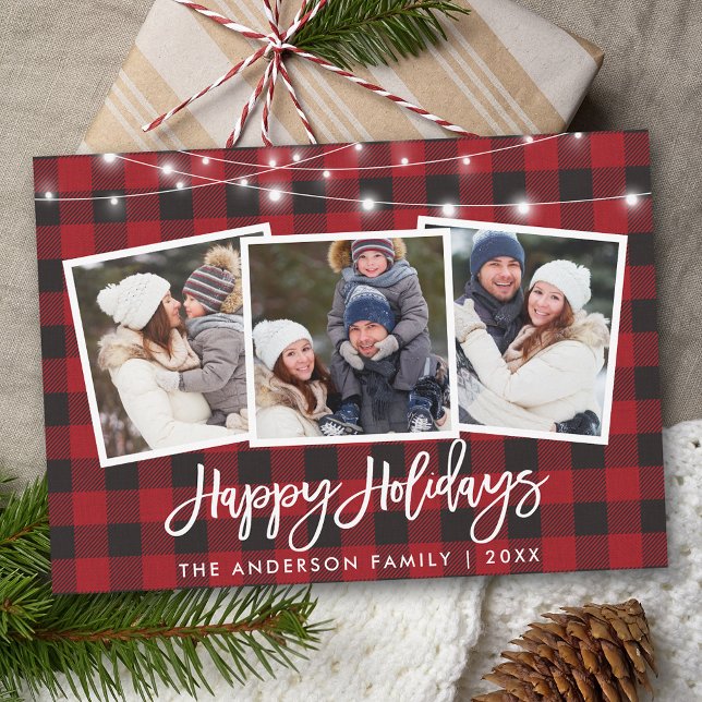 Brush Script Lights 3 Photo Red Plaid Holiday Card (Customize to add text to back of card.)