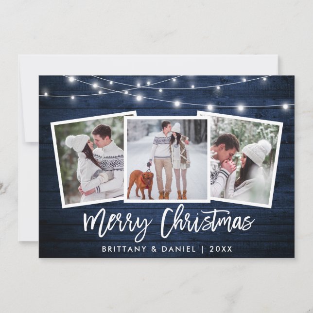 Brush Script Lights Blue Wood 3 Photo Christmas Holiday Card (Front)