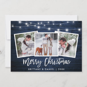 Brush Script Lights Blue Wood 3 Photo Christmas Holiday Card