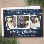 Brush Script Lights Blue Wood 3 Photo Christmas Holiday Card<br><div class="desc">Rustic Blue Wood Brush Script 3 Photo Family Merry Christmas Card with String Lights</div>