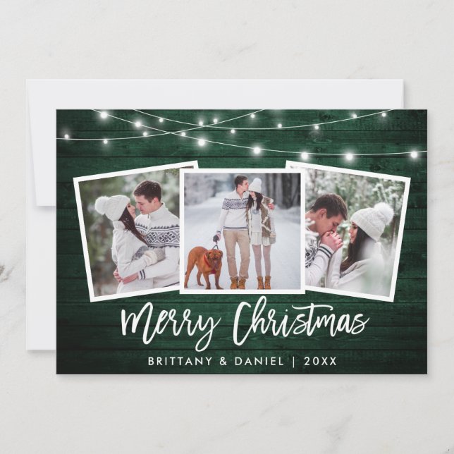 Brush Script Lights Green Wood 3 Photo Christmas Holiday Card (Front)