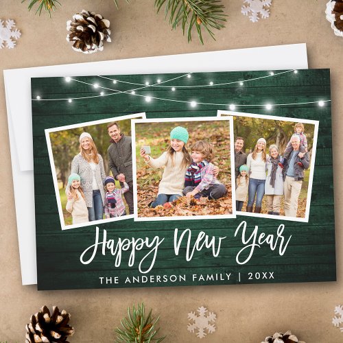 Brush Script Lights Green Wood 3 Photo New Year Holiday Card