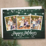 Brush Script Lights Rustic Green Wood 3 Photo Holiday Card<br><div class="desc">Rustic Green Wood Brush Script 3 Photo Family Happy Holidays Card with String Lights</div>