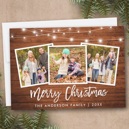 Brush Script Lights Rustic Wood 3 Photo Christmas Holiday Card