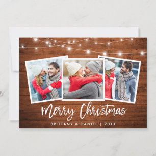 Brush Script Lights Rustic Wood Christmas 3 Photo Holiday Card