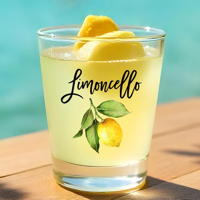 Brush Script Limoncello Watercolor Lemon Shot Glass (Watercolor Lemon and Brush Script Calligraphy Limoncello Shot Glass)