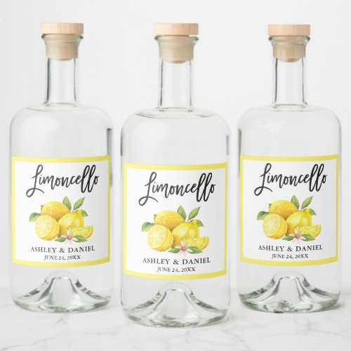 Brush Script Limoncello Watercolor Lemons Liquor Bottle Label