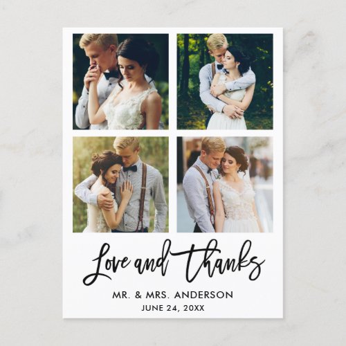 Brush Script Love and Thanks Wedding 4 Photo Postcard