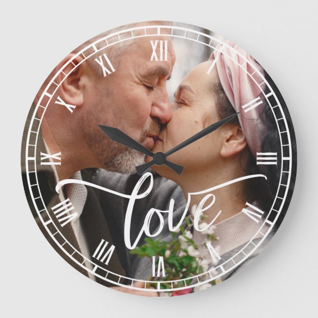 Brush Script Love Custom Photo Roman Numbers Large Clock (Front)