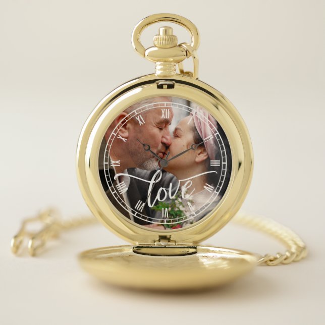 Brush Script Love Custom Photo Roman Numbers Pocket Watch (Inside)