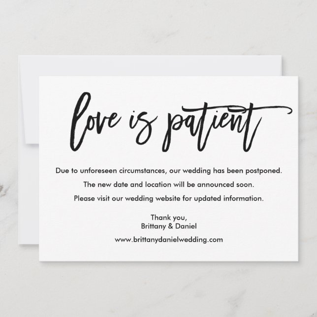 Brush Script Love Is Patient Postponed Card (Front)