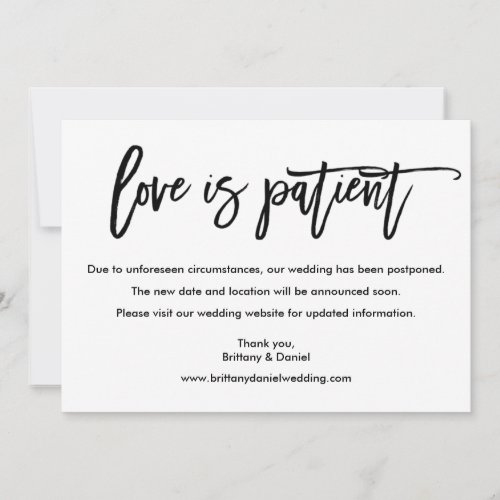 Brush Script Love Is Patient Postponed Card