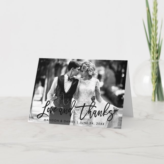 Brush Script Love Thanks Black and White Fold Thank You Card (Front)