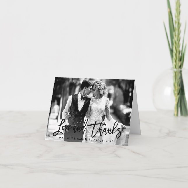 Brush Script Love Thanks Black and White Note Thank You Card (Front)