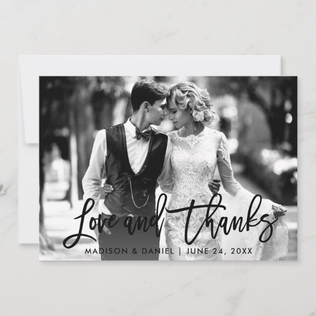 Brush Script Love Thanks Black and White Photo Thank You Card (Front)
