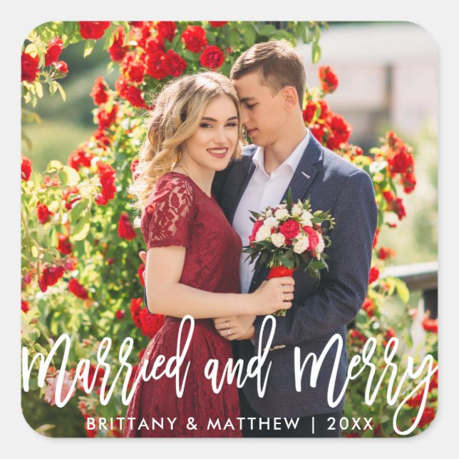 Brush Script Married & Merry Photo Christmas Square Sticker (Front)