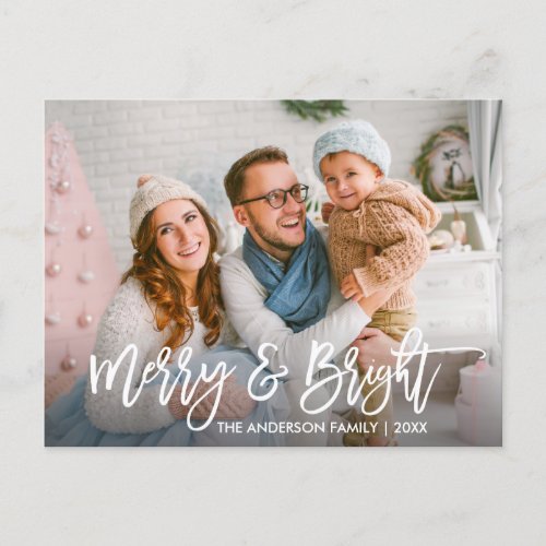 Brush Script Merry and Bright Family Photo Holiday Postcard