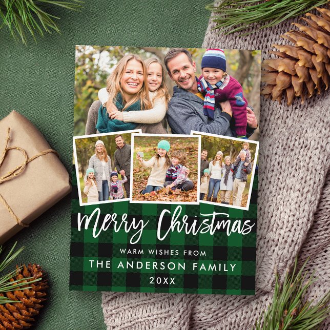 Brush Script Merry Christmas 4 Photo Green Plaid Postcard (Customize to change your personalized text size or text style.)