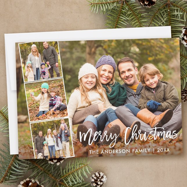 Brush Script Merry Christmas Family 4 Photo Holiday Card (Customize to add text or more photos to back of card.)