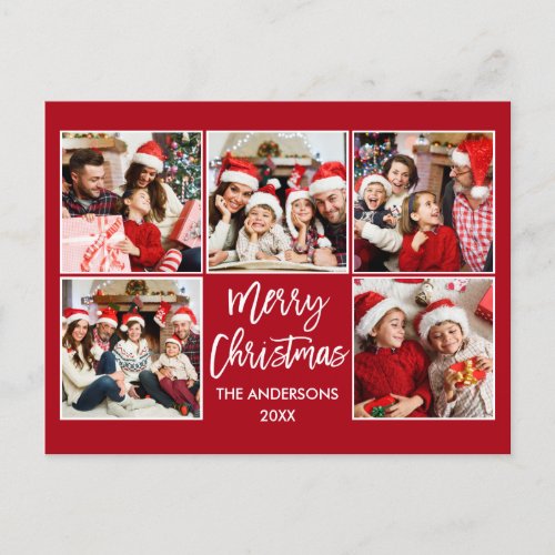 Brush Script Merry Christmas Family 5 Photo Red Postcard