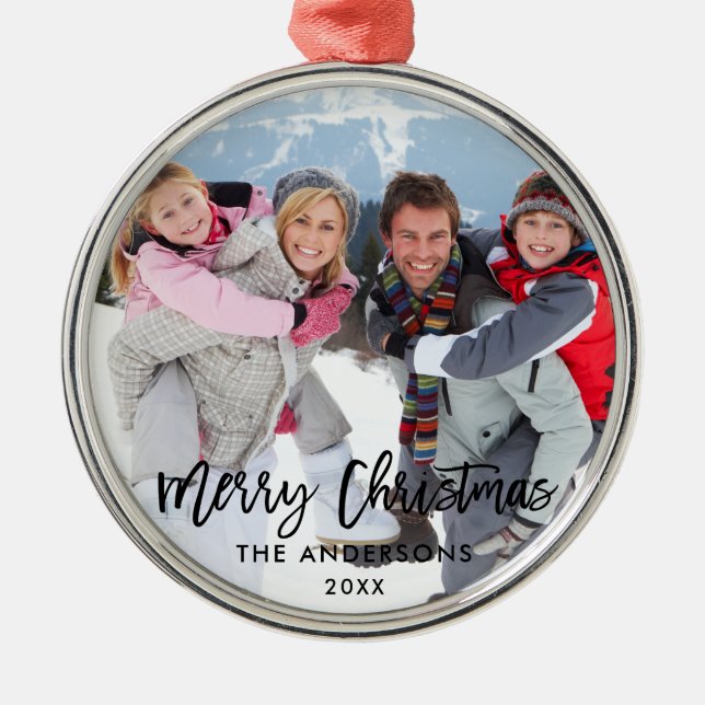 Brush Script Merry Christmas Family Photo Metal Ornament (Front)