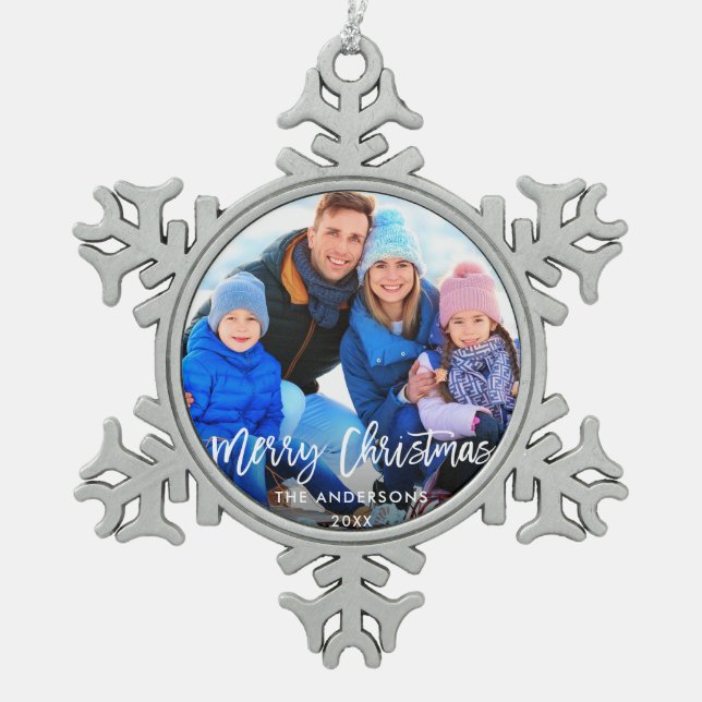 Brush Script Merry Christmas Family Photo Snowflake Pewter Christmas Ornament (Front)