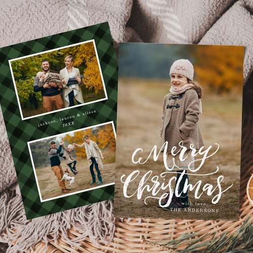 Brush Script Merry Christmas Green Plaid 3 Photo Holiday Card